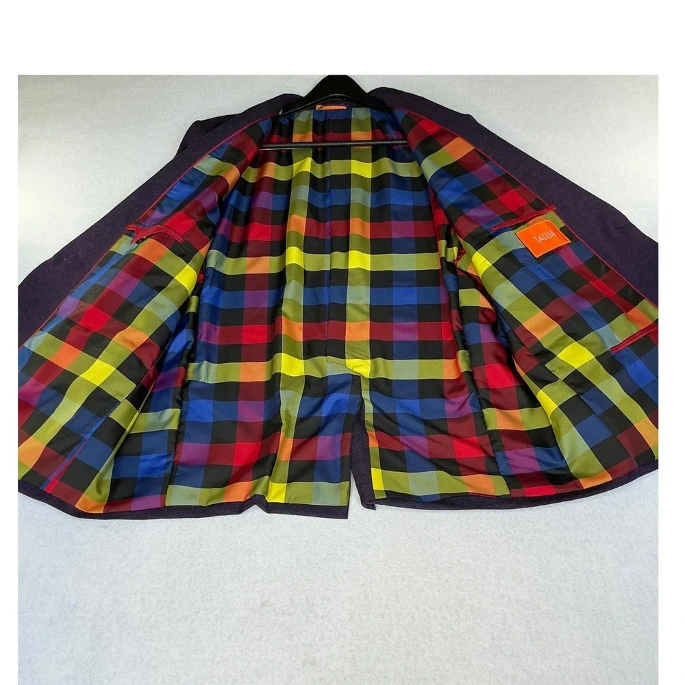 Tallia Blazer Mens 50R Purple Elbow Patches Rainbow Plaid Lining Sport Coat